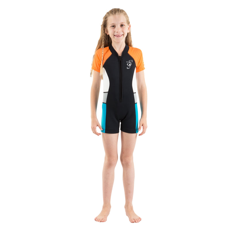 Orange shorty wetsuit for toddlers and kids
