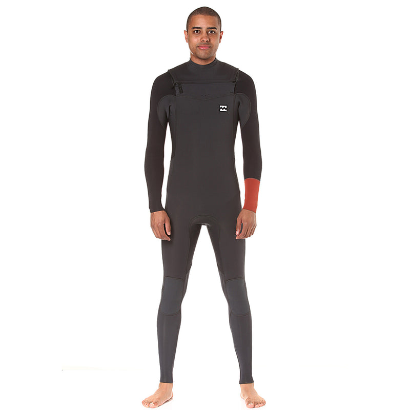 A gray Billabong wetsuit with a rust colored sleeve detail, chest zip entry and 3/2mm neoprene.