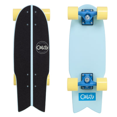 Cal 7 Glory 22” Fishtail Mini Cruiser in soft yellow and light blue, 65mm 80A yellow wheels, blue 4.5-inch trucks