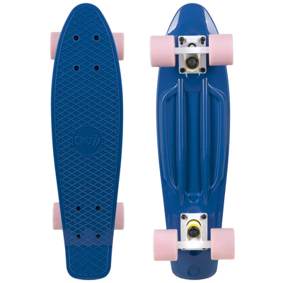 22-inch dusky blue mini cruiser with white trucks and pastel pink wheels