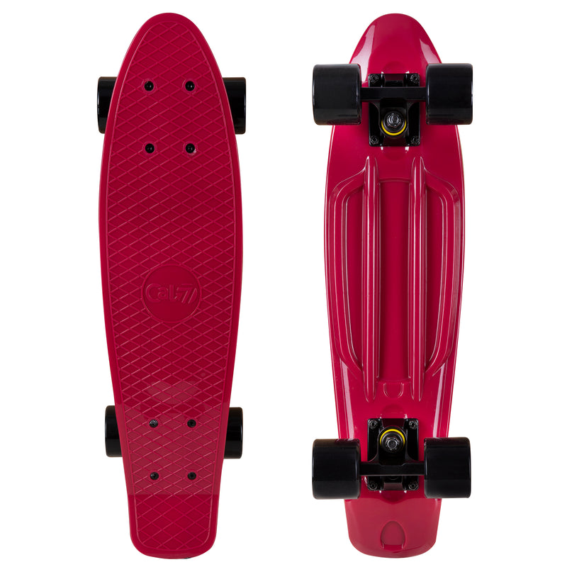 red 22-inch mini cruiser with black trucks and wheels