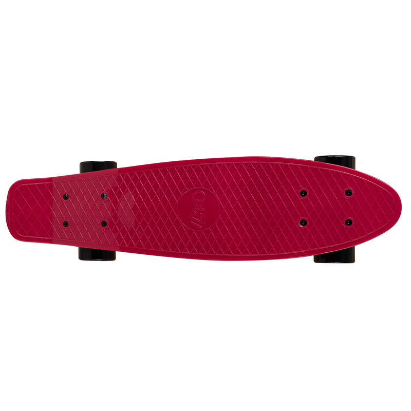 red 22-inch mini cruiser with black trucks and wheels