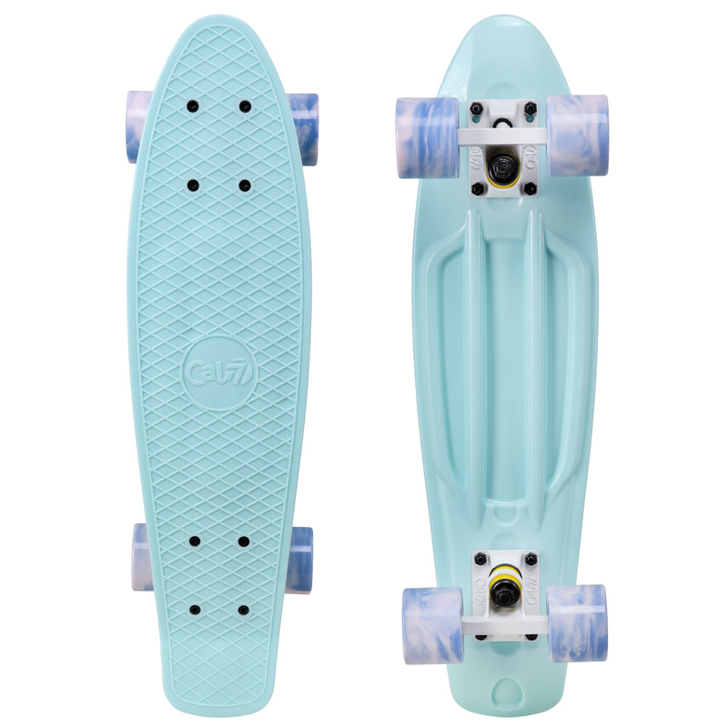 Cal 7 Lily 22.5” Mini Cruiser with Swirl Wheels - featuring pastel blue plastic deck, 78A blue and light pink swirl wheels.