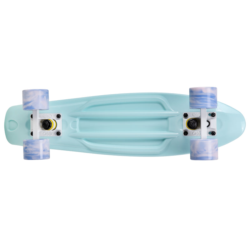 Cal 7 Lily 22.5” Mini Cruiser with Swirl Wheels - featuring pastel blue plastic deck, 78A blue and light pink swirl wheels.