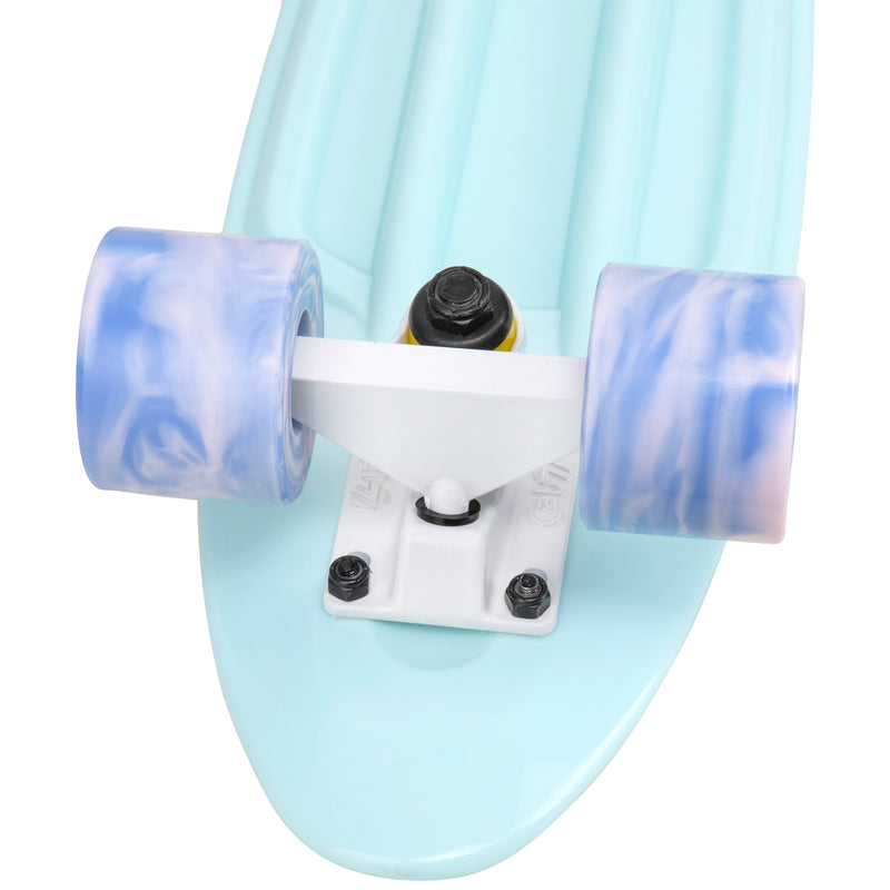 Cal 7 Lily 22.5” Mini Cruiser with Swirl Wheels - featuring pastel blue plastic deck, 78A blue and light pink swirl wheels.