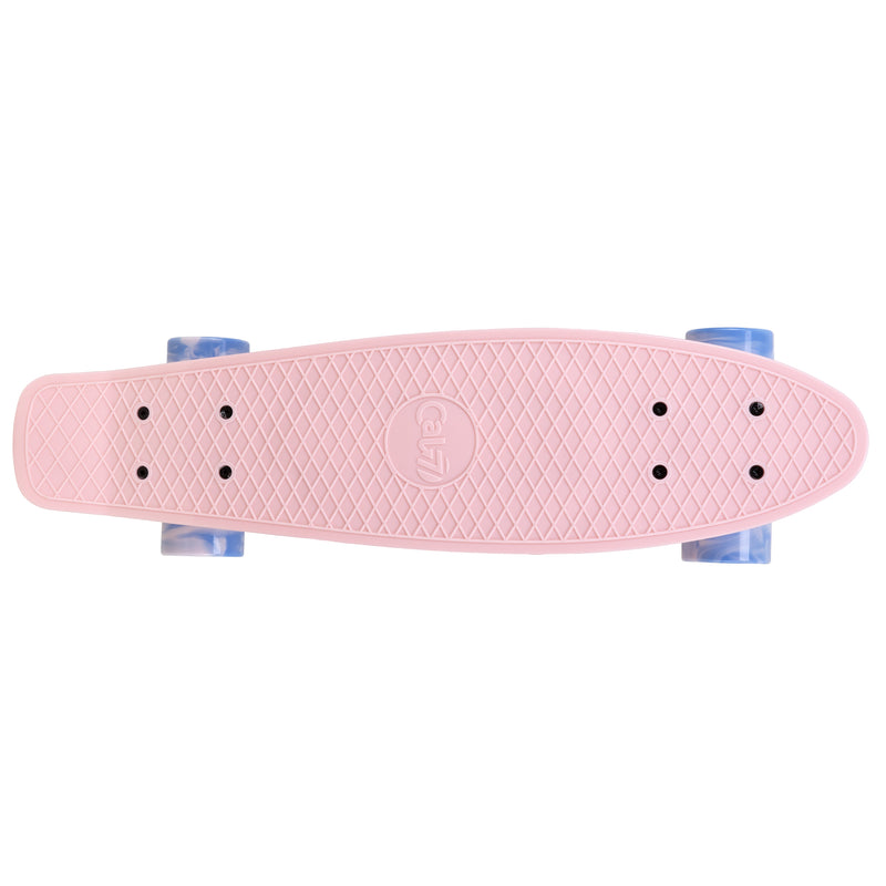 Cal 7 Lotus 22.5” Mini Cruiser with Swirl Wheels features a pastel pink plastic deck, 78A blue and light pink swirl wheels.