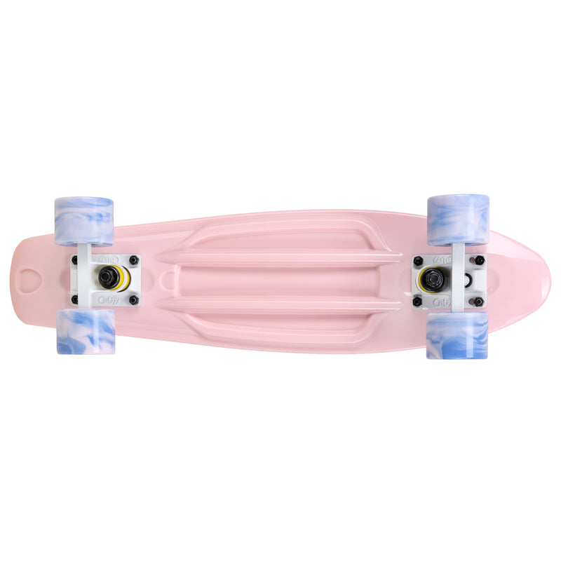 Cal 7 Lotus 22.5” Mini Cruiser with Swirl Wheels features a pastel pink plastic deck, 78A blue and light pink swirl wheels.