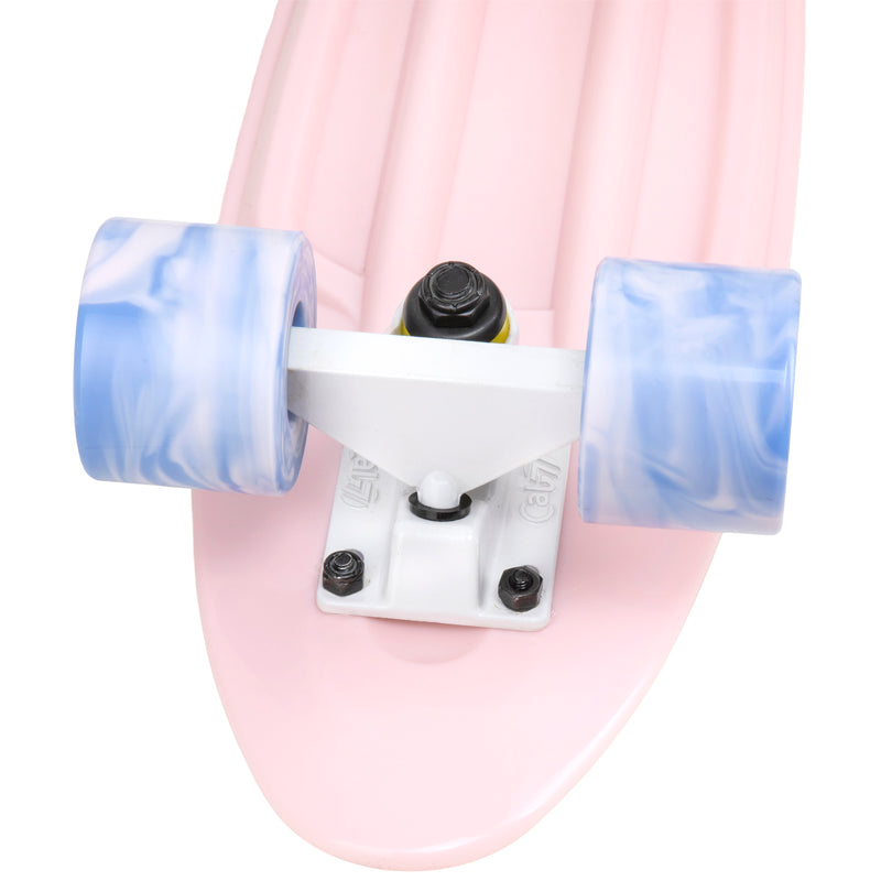 Cal 7 Lotus 22.5” Mini Cruiser with Swirl Wheels features a pastel pink plastic deck, 78A blue and light pink swirl wheels.