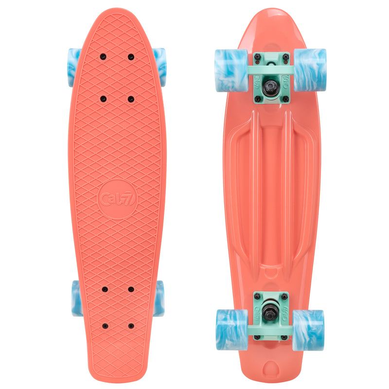 Cal 7 Melrose 22.5” Mini Cruiser with Swirl Wheels - featuring a coral plastic deck, 78A blue and white swirl wheels.
