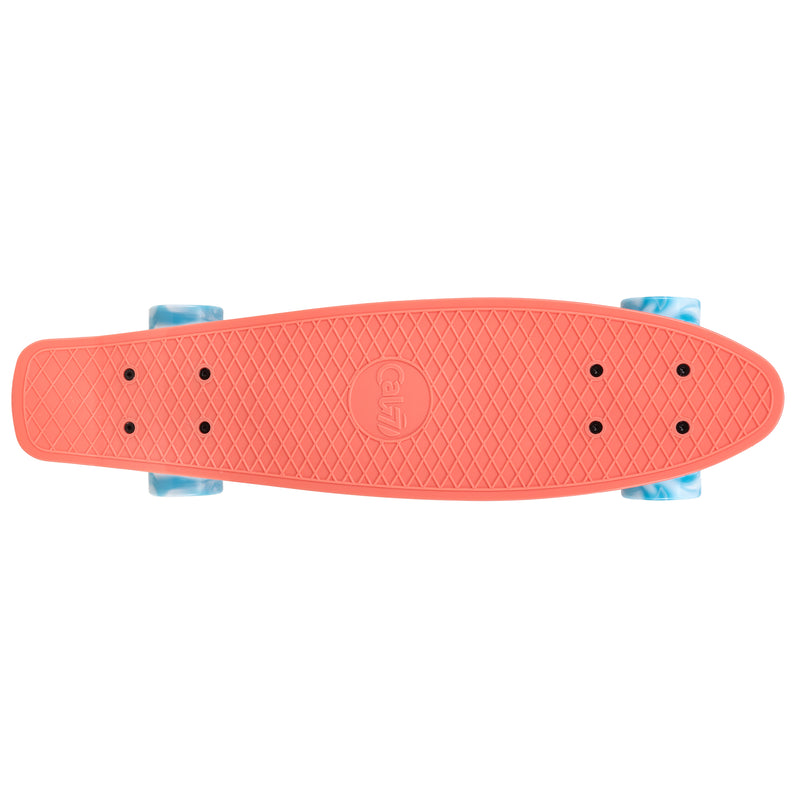 Cal 7 Melrose 22.5” Mini Cruiser with Swirl Wheels - featuring a coral plastic deck, 78A blue and white swirl wheels.