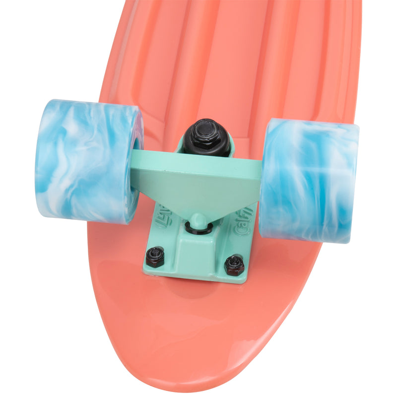 Cal 7 Melrose 22.5” Mini Cruiser with Swirl Wheels - featuring a coral plastic deck, 78A blue and white swirl wheels.