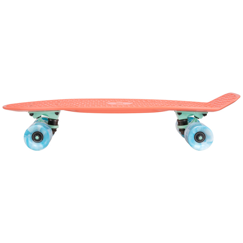 Cal 7 Melrose 22.5” Mini Cruiser with Swirl Wheels - featuring a coral plastic deck, 78A blue and white swirl wheels.