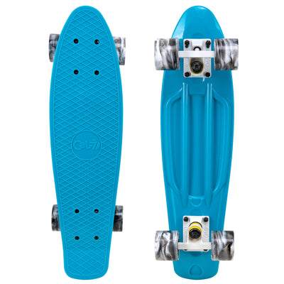 Cal 7 Oceanic 22.5” Mini Cruiser with Swirl Wheels - featuring a muted blue plastic deck, 78A blue and light pink swirl wheels. 