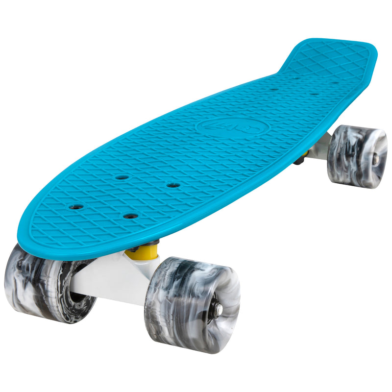 Cal 7 Oceanic 22.5” Mini Cruiser with Swirl Wheels - featuring a muted blue plastic deck, 78A blue and light pink swirl wheels.