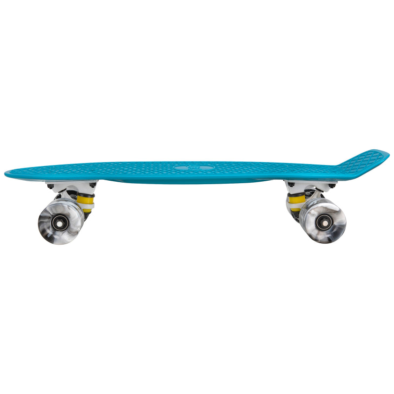 Cal 7 Oceanic 22.5” Mini Cruiser with Swirl Wheels - featuring a muted blue plastic deck, 78A blue and light pink swirl wheels.