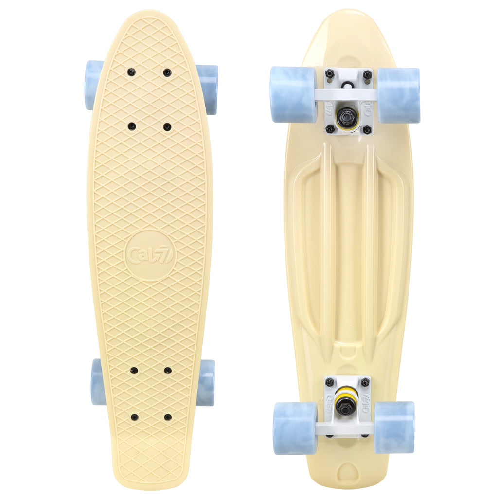 Cal 7 Snowdrop 22.5” Mini Cruiser with Swirl Wheels - featuring pastel yellow plastic deck, 78A grey swirl wheels.