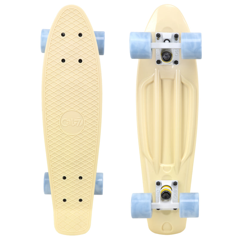 Cal 7 Snowdrop 22.5” Mini Cruiser with Swirl Wheels - featuring pastel yellow plastic deck, 78A grey swirl wheels.