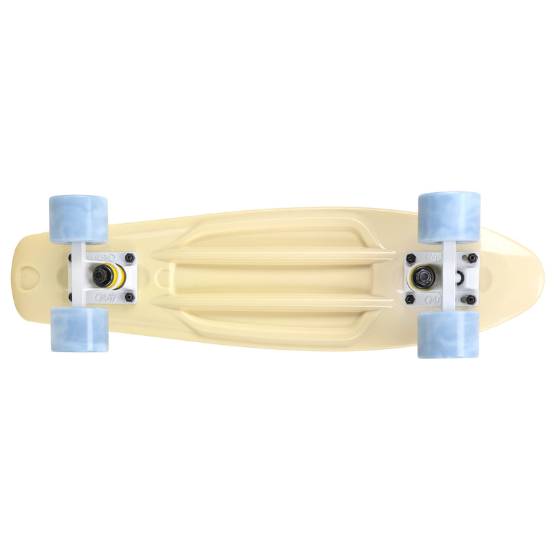 Cal 7 Snowdrop 22.5” Mini Cruiser with Swirl Wheels - featuring pastel yellow plastic deck, 78A grey swirl wheels.