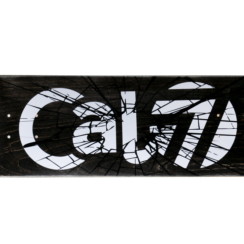 8-inch Cal 7 Heist skateboard deck with white Cal 7 logo on a black background and a shattered-glass graphic