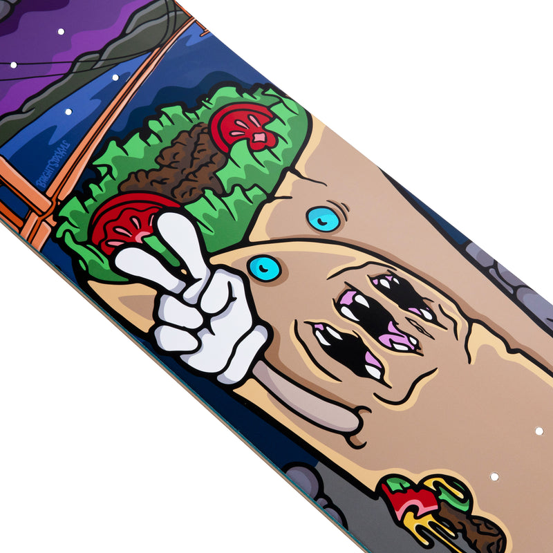 Cal 7 Zomburrito deck with San Francisco munchie takeover art on a semi-cold-press 7-ply popsicle, medium concave deck