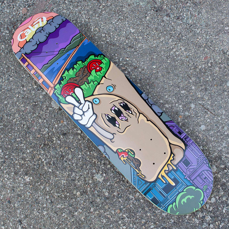 Cal 7 Zomburrito deck with San Francisco munchie takeover art on a semi-cold-press 7-ply popsicle, medium concave deck