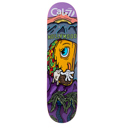 Cal 7 Taco Terror deck with Hollywood munchie takeover art on a semi-cold-press 7-ply popsicle, medium concave deck
