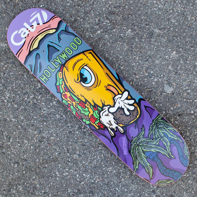 Cal 7 Taco Terror deck with Hollywood munchie takeover art on a semi-cold-press 7-ply popsicle, medium concave deck