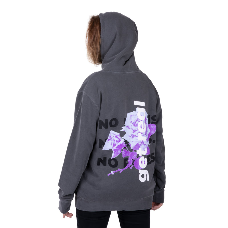 Cal 7 Get Real Oversized Hoodie Sweatshirt in Washed Out Black with Purple & Blue Floral Print