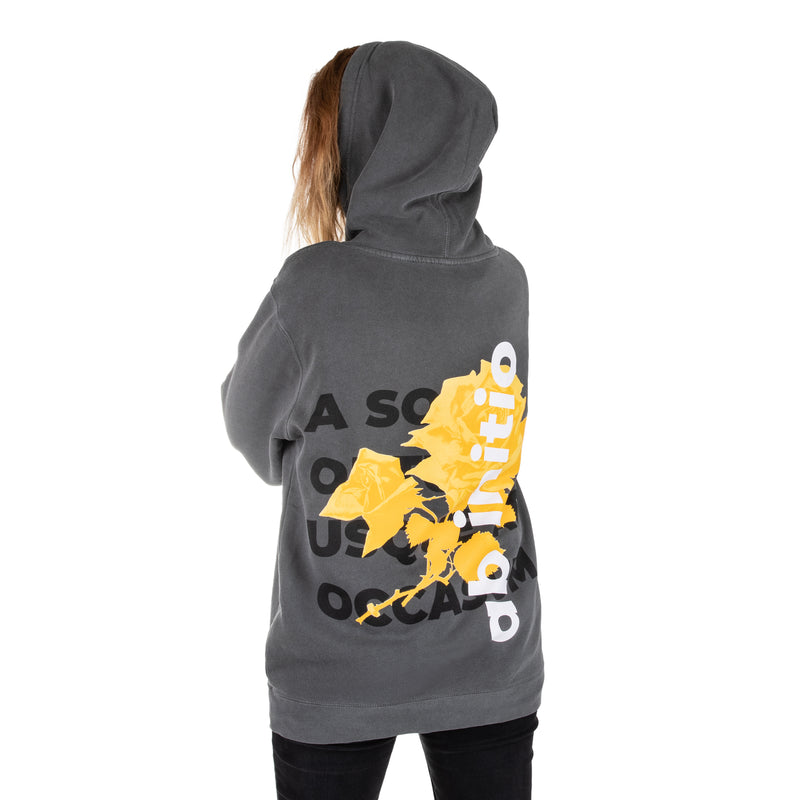 Cal 7 Latin Motto Oversized Hoodie Sweatshirt in Washed Out Black with Yellow Floral Print