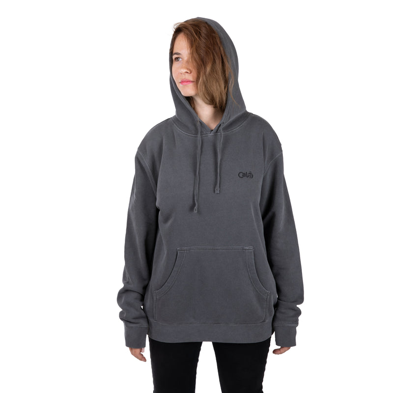 Cal 7 Latin Motto Oversized Hoodie Sweatshirt in Washed Out Black with Yellow Floral Print