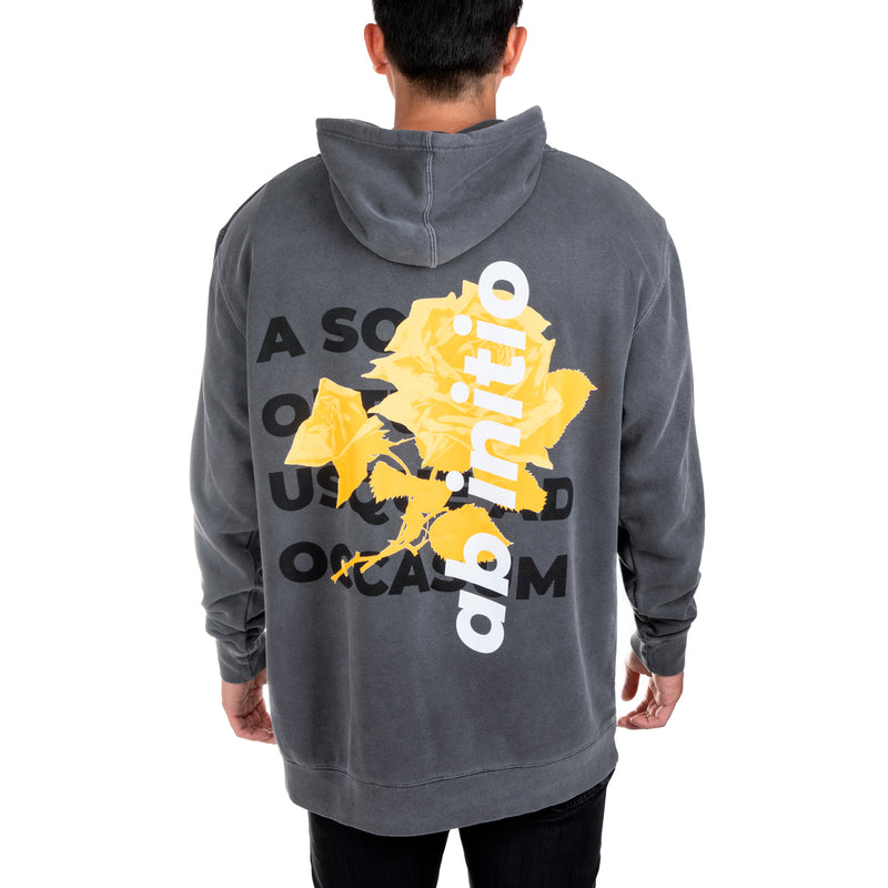 Cal 7 Latin Motto Oversized Hoodie Sweatshirt in Washed Out Black with Yellow Floral Print 