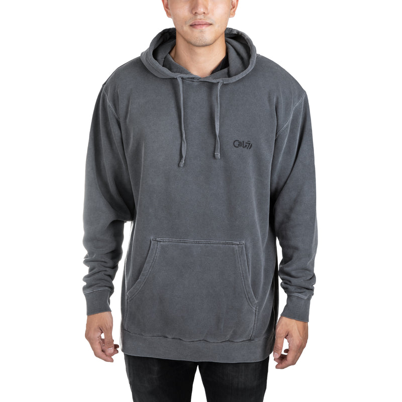 Cal 7 Latin Motto Oversized Hoodie Sweatshirt in Washed Out Black with Yellow Floral Print