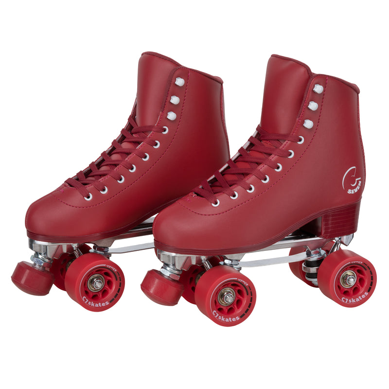 C7skates Cherrypop Quad Roller Skates in a deep red retro structured boot with 62mm wheels and 1-inch heel.