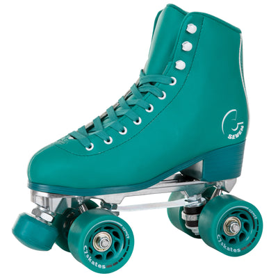 C7skates Enchanted Forest Quad Roller Skates in a green vegan leather structured boot and 62mm wheels.