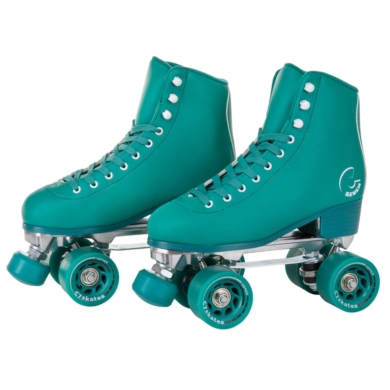 C7skates Enchanted Forest Quad Roller Skates in a green vegan leather structured boot and 62mm wheels.