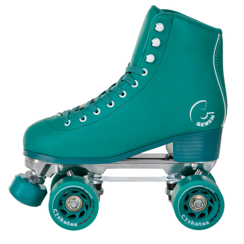C7skates Enchanted Forest Quad Roller Skates in a green vegan leather structured boot and 62mm wheels.
