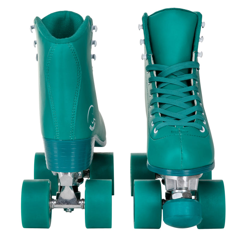 C7skates Enchanted Forest Quad Roller Skates in a green vegan leather structured boot and 62mm wheels.