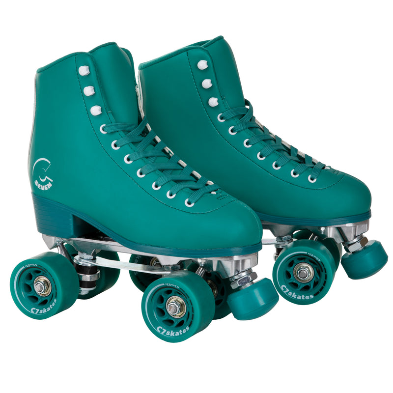 C7skates Enchanted Forest Quad Roller Skates in a green vegan leather structured boot and 62mm wheels.