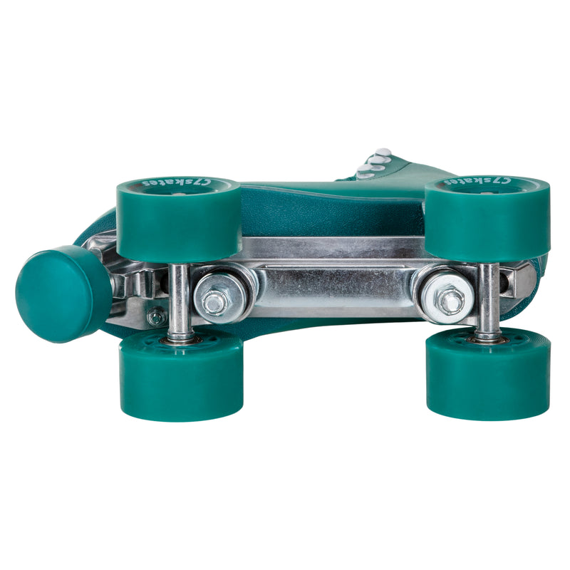C7skates Enchanted Forest Quad Roller Skates in a green vegan leather structured boot and 62mm wheels. 