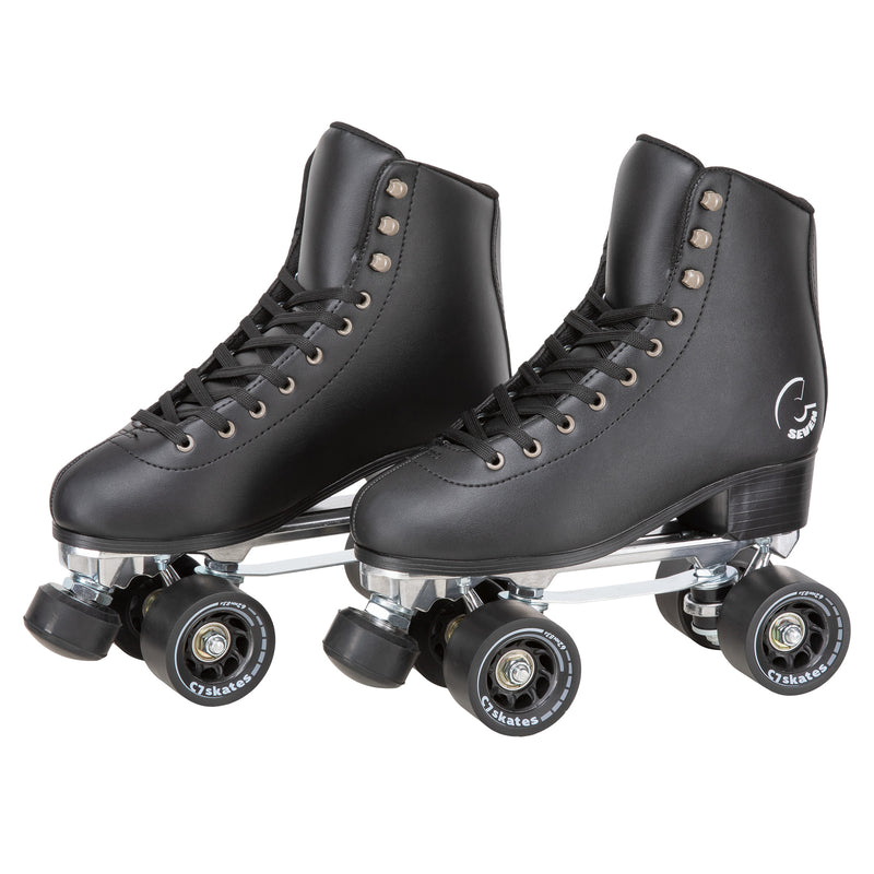 C7skates Femme Fatale Quad Roller Skates in a retro structured boot, solid black vegan leather and 62mm wheels.