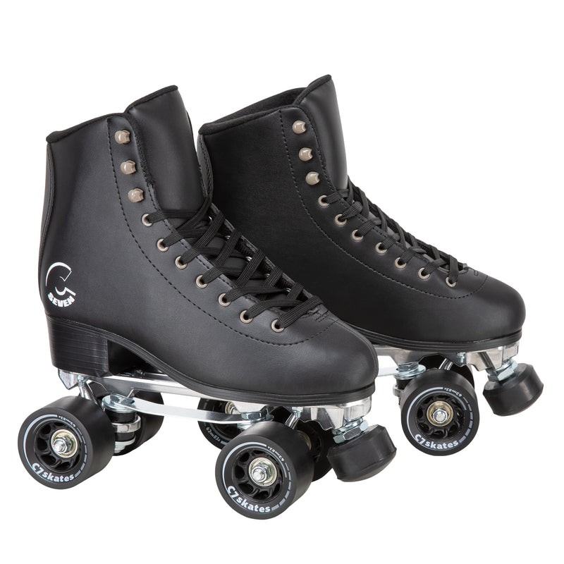 C7skates Femme Fatale Quad Roller Skates in a retro structured boot, solid black vegan leather and 62mm wheels.