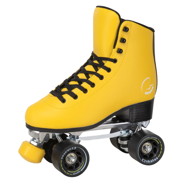 C7skates Queen Bee Quad Roller Skates in a yellow structured boot with black accents and 62mm wheels.