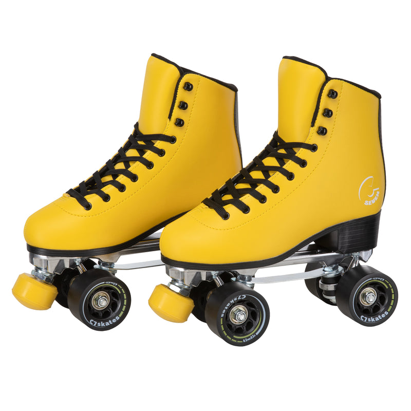 C7skates Queen Bee Quad Roller Skates in a yellow structured boot with black accents and 62mm wheels.