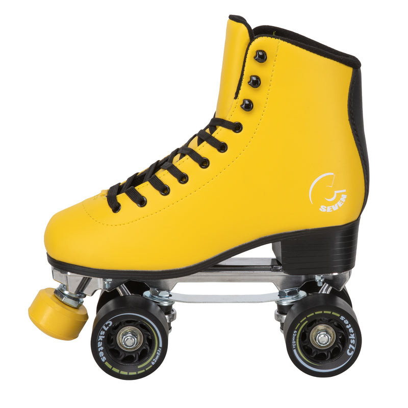 C7skates Queen Bee Quad Roller Skates in a yellow structured boot with black accents and 62mm wheels.