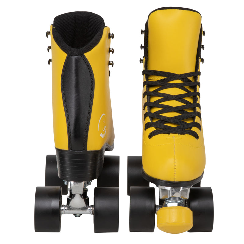 C7skates Queen Bee Quad Roller Skates in a yellow structured boot with black accents and 62mm wheels.
