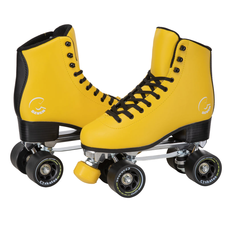 C7skates Queen Bee Quad Roller Skates in a yellow structured boot with black accents and 62mm wheels.
