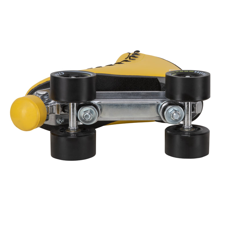 C7skates Queen Bee Quad Roller Skates in a yellow structured boot with black accents and 62mm wheels. 