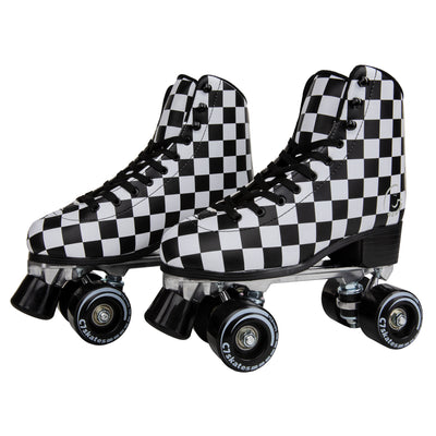 limited edition black and white checkered quad roller skates with removable toe stops, 58mm 83A wheels and structured boot