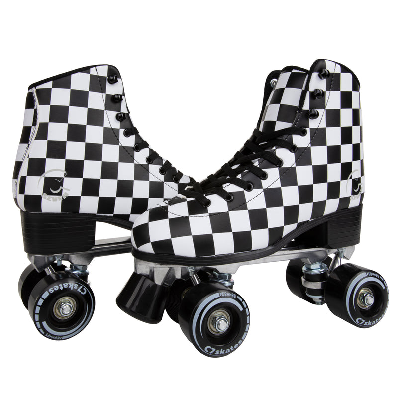 limited edition black and white checkered quad roller skates with removable toe stops, 58mm 83A wheels and structured boot