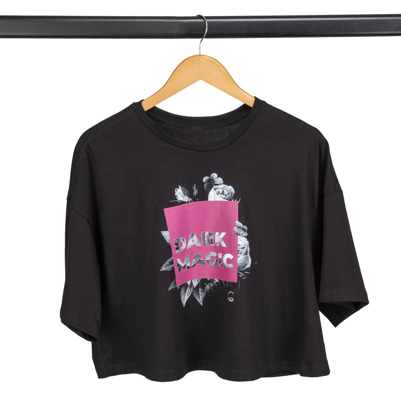 C7skates Dark Magic Crop T-Shirt features a floral and text graphic print in a relaxed, mid-length fit with a tear-away label.